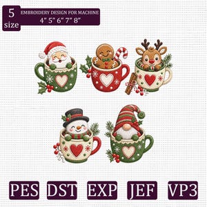 Op de afbeelding: Vijf machineborduurontwerpen met kerstfiguren in mokken: de Kerstman, een peperkoekmannetje, een rendier, een sneeuwman en een kabouter. Tekst: 5 size EMBROIDERY DESIGN FOR MACHINE 4" 5" 6" 7" 8" PES DST EXP JEF VP3.
