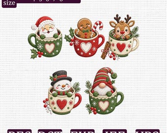Christmas Mug Embroidery Design Bundle, Santa Gingerbread Reindeer Snowman Gnome Holiday Cup Machine Embroidery File