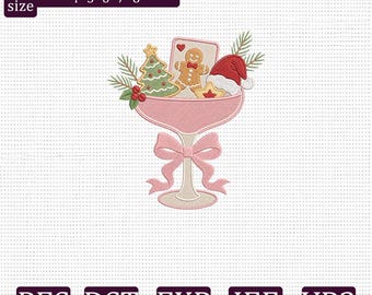 Pink Christmas Cocktail Embroidery Design, Gingerbread Christmas Tree Santa Hat Holiday Drink, Coquette Machine Embroidery Design