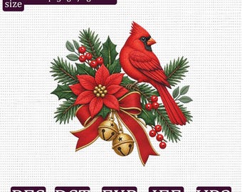 Christmas Cardinal Embroidery Design, Red Bird Poinsettia Bow and Jingle Bells Machine Embroidery File, PES DST EXP jef vp3