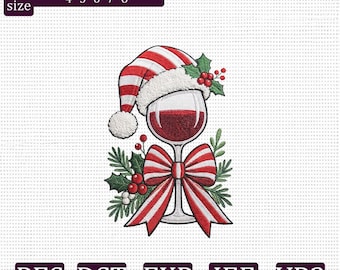 Christmas Wine Glass Embroidery Design, Santa Hat Wine Lover Machine Embroidery File, Holiday Bow PES DST EXP jef vp3
