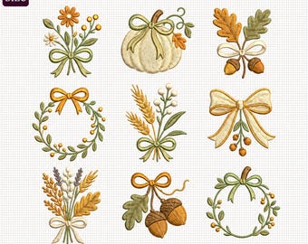 Fall Embroidery Design Bundle, Pumpkin Bow Acorn Autumn Floral Wreath Machine Embroidery Files, Cozy Thanksgiving Fall Designs