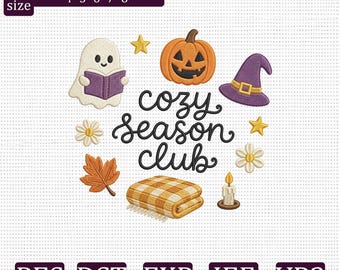 Stickmuster „Cozy Season Club“, Geister-Kürbis-Hexenhut-Herbst-Stickdatei, niedlicher Herbst-Download