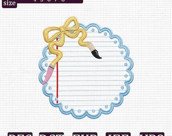 Bleistift Bogen Rahmen Stickdatei, Lehrer Name Tag Stickdatei, Schule Applikation Maschinenstickerei Muster, PES DST JEF vp3 exp