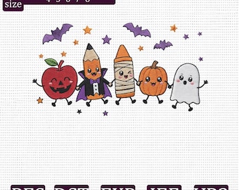 Niedliches Halloween-Schulstickmuster, Apple Pencil Buntstift Geist Kürbis Stickdatei, Gruseliger Lehrer Digitaler Download