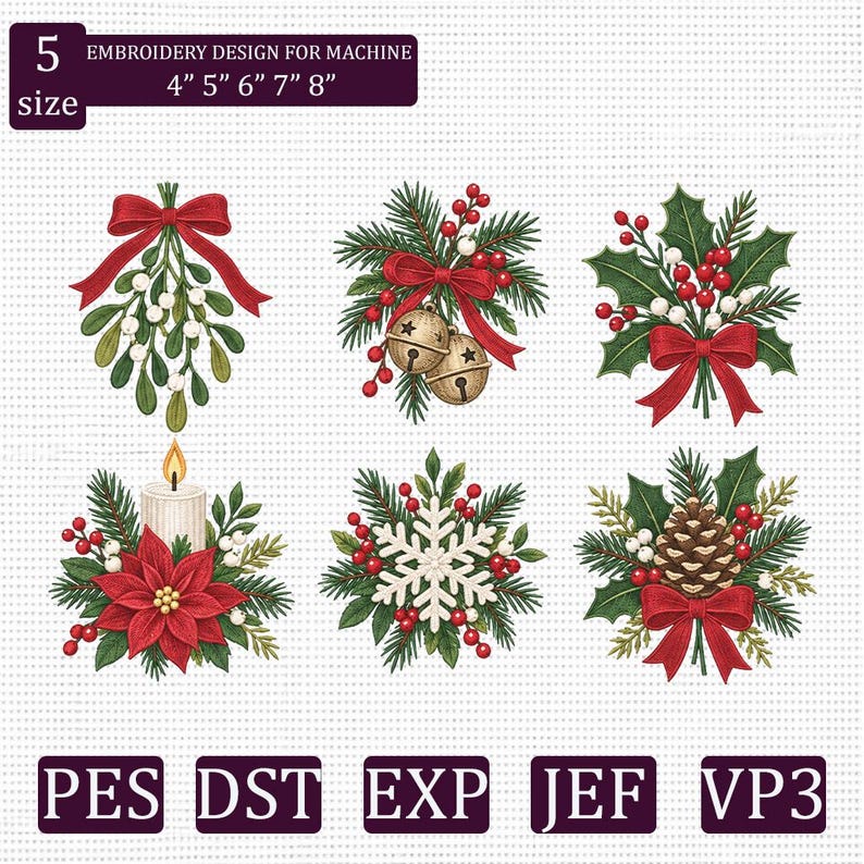 Christmas Greenery Embroidery Bundle, Mistletoe Poinsettia Holly Bells ...