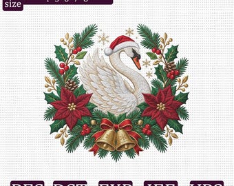 Christmas Swan Embroidery Design, Elegant Swan Poinsettia Wreath Machine Embroidery File, Holiday Bells PES DST EXP jef vp3