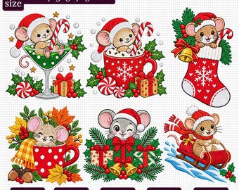 Christmas Mouse Embroidery Design Bundle, Cute Mouse Santa Hat Candy Cane Stocking Sled Machine Embroidery Files PES DST EXP jef vp3