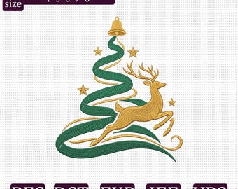 Reindeer Christmas Tree Embroidery Design, Elegant Ribbon Tree Machine Embroidery File, Holiday Deer PES DST EXP jef vp3