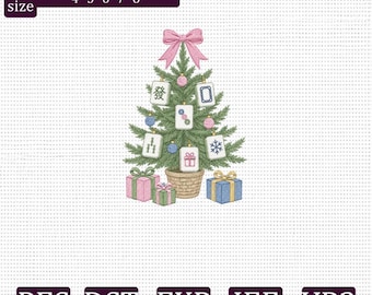 Mahjong Christmas Tree Embroidery Design, Mahjong Tiles Pink Bow and Gifts, Holiday Machine Embroidery Design