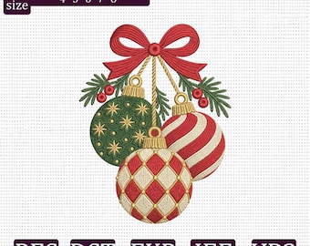 Christmas Ornament Embroidery Design, Vintage Baubles with Red Bow Holiday Machine Embroidery File, PES DST EXP jef vp3