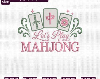 Stickmuster „Lasst uns Mahjong spielen“, süßes Mahjong-Zitat, digitale Stickdatei für Mahjong-Fans