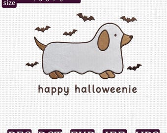 Fröhliches Halloween-Dackel-Stickmuster, Geister-Dackel-Stickdatei, Halloween-Hund-Digitaldownload