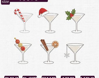 Christmas Martini Embroidery Bundle, Holiday Cocktail Machine Embroidery Designs, Candy Cane Santa Hat Holly Festive Drink