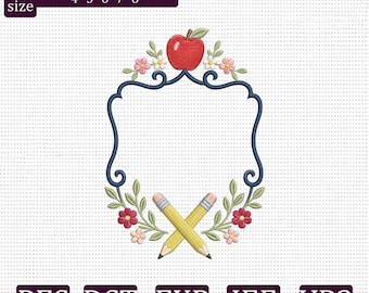 Stickdatei „Lehrer-Apfelrahmen“, Schulmonogrammrahmen, Namensrahmen mit Bleistift und Blumenmuster, Stickdatei „Schulanfang“, PES DST EXP jef vp3