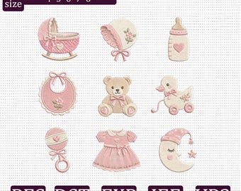 Baby Girl Embroidery Design Bundle, 9 Cute Nursery Machine Embroidery Files, Teddy Bear Bib Bottle Bonnet Digital Download