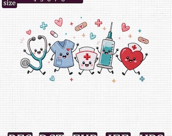 Niedliches Krankenschwester-Stickpaket, Kawaii-Stickdatei für die Gesundheitsbranche, Stickmuster für medizinische Artikel