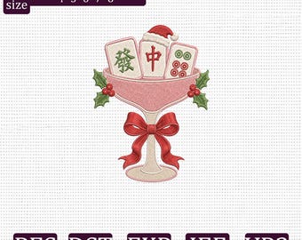 Christmas Mahjong Martini Embroidery Design, Mahjong Tiles Cocktail Bow Holly Santa Hat Holiday Machine Embroidery Design
