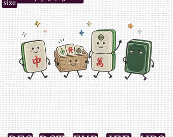 Niedliches Mahjong-Freunde-Stickmuster, Kawaii-Mahjong-Stickdatei, Stickvorlage für Mahjong-Spielsteine