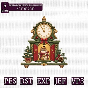 May include: An embroidery design for machine featuring a clock with a cream face and Roman numerals, topped with green trim and snow. A chipmunk holding a gift stands in the center archway, flanked by a small Christmas tree and pine branches.