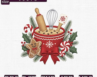 Christmas Baking Embroidery Design, Gingerbread Cookie Bowl Candy Cane Holiday Kitchen Machine Embroidery File PES DST EXP jef vp3