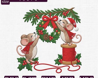 Christmas Mice Embroidery Design, Cute Mouse Holiday Wreath Machine Embroidery File, Holly Bow Christmas, PES DST EXP jef vp3