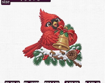 Christmas Cardinal Embroidery Design, Red Bird with Bell Winter Machine Embroidery File, Holiday Cardinal PES DST EXP jef vp3