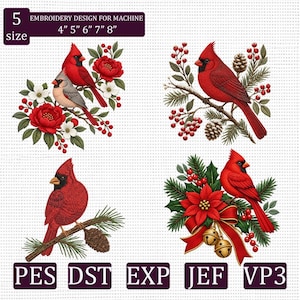May include: Four digital embroidery designs featuring red cardinals. One shows two birds with red flowers, one a cardinal on a pine branch with berries, one a cardinal on a pine branch with a cone, and one a cardinal with a poinsettia and gold bells.