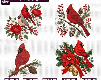 Christmas Cardinal Embroidery Design Bundle, Red Cardinal Bird with Poinsettia Pine Berries Machine Embroidery Files PES DST EXP jef vp3