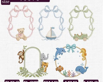 Stickset „Babyrahmen“, Tier-, Fahrzeug- und Ozean-Monogrammrahmen, Maschinenstickerei (PES, DST, JEF, VP3 exp)