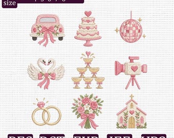 Wedding Embroidery Design Bundle, Bride Car Cake Rings Swan Bouquet Church Disco Ball Machine Embroidery Files PES DST JEF VP3