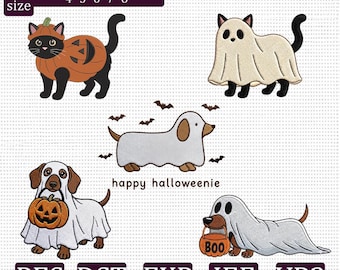 Halloween-Stickpaket mit Katze und Hund, Geisterhaustier-Stickmuster für die Stickmaschine, niedliche gruselige Tierdateien