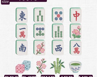 Mahjong Embroidery Design Bundle, Mahjong Tiles Bamboo Lotus Cherry Blossom Dice Tea Machine Embroidery Files PES DST EXP jef vp3