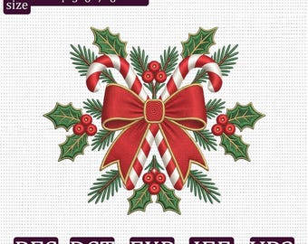 Candy Cane Bow Embroidery Design, Christmas Holly Berries Holiday Machine Embroidery File, Festive PES DST EXP jef vp3