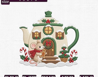 Christmas Mouse Teapot Embroidery Design, Cute Gingerbread Mouse Holiday Machine Embroidery File, PES DST EXP jef vp3