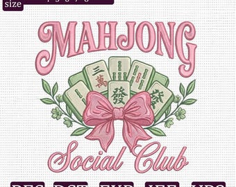 Mahjong Social Club Embroidery Design Coquette Mahjong Embroidery File Pink Bow Mahjong Lover  PES DST exp jef