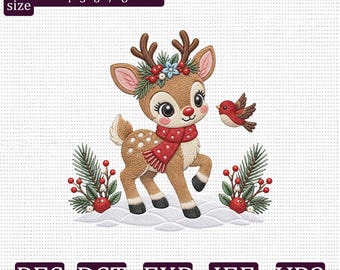 Cute Christmas Reindeer Embroidery Design, Winter Deer and Red Bird Machine Embroidery File, PES DST EXP jef vp3