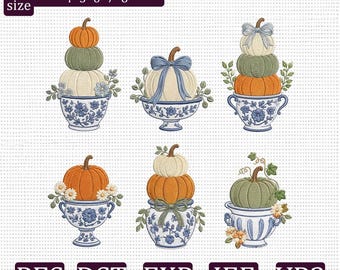 Pumpkin Embroidery Design Bundle, Blue Floral Chinoiserie Bowl with Pumpkins Machine Embroidery Files, Elegant Fall Autumn Decor