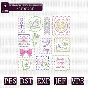 May include: An embroidery design for machine featuring mahjong tiles, bamboo, a pink bow, and dice. Text includes "DOTS", "mahj all day", and "just one more". The design is available in 4, 5, 6, 7, and 8 inch sizes with file formats PES, DST, EXP, JEF, and VP3.