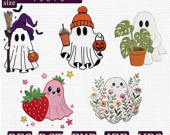 Niedliches Geister-Stickpaket, Halloween-Geister-Stickdateien, Blumen- und Erdbeergeist (digitale Dateien)