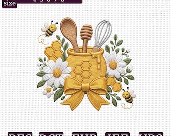 Honey Bee Kitchen Embroidery Design, Baking Utensils Daisy Honey Pot Machine Embroidery File, Bee Kitchen PES DST EXP jef vp3