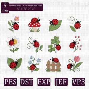 Può includere: Una collezione digitale di dodici disegni per ricamo a macchina con coccinelle rosse e nere in vari contesti, tra cui fiori, foglie, un fungo e una staccionata in legno. Il testo include 5 size 4" 5" 6" 7" 8" e formati PES, DST, EXP, JEF, VP3.