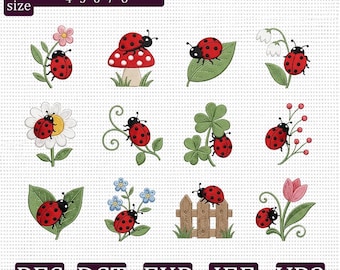 Ladybug Embroidery Design Bundle, Cute Ladybug Flower Mushroom Clover Machine Embroidery Files, Spring Garden Mini Designs