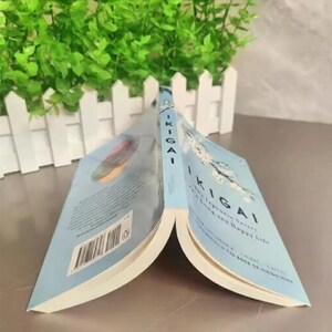 May include: An open book titled "Ikigai" with a light blue cover featuring white cherry blossoms. The book's spine displays the title vertically. The book's pages are white, and the background includes green foliage and a white picket fence.