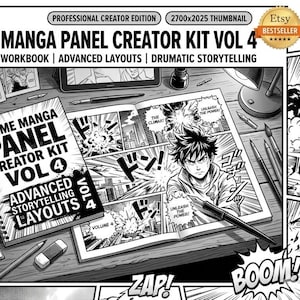 May include: Black and white Anime Manga Panel Creator Kit Vol 4. The workbook features advanced storytelling layouts and dramatic storytelling. The image includes a sketchbook, ink, pens, and the text "Unleash the Power!"