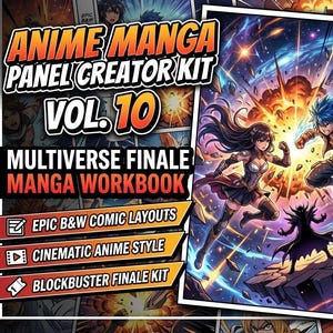 Könnte beinhalten: Eine lebendige Illustration für ein Anime Manga Panel Creator Kit Vol. 10. Das Bild zeigt dynamische Charaktere in einer Kampfszene mit einer dunklen Figur. Text enthält "Multiverse Finale Manga Workbook" und "Epic B&W Comic Layouts".