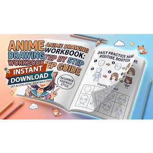 Puede incluir: Un cuaderno de dibujo de anime abierto con el título "Anime Drawing Workbook: Step by Step Guide". La portada presenta una ilustración de dibujos animados y las palabras "Descarga instantánea". Las páginas interiores muestran tutoriales de dibujo.