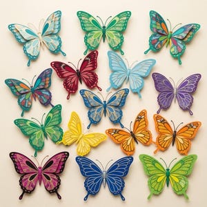 Complete set of 15 printable paper butterfly craft designs arranged in colorful flat lay pattern