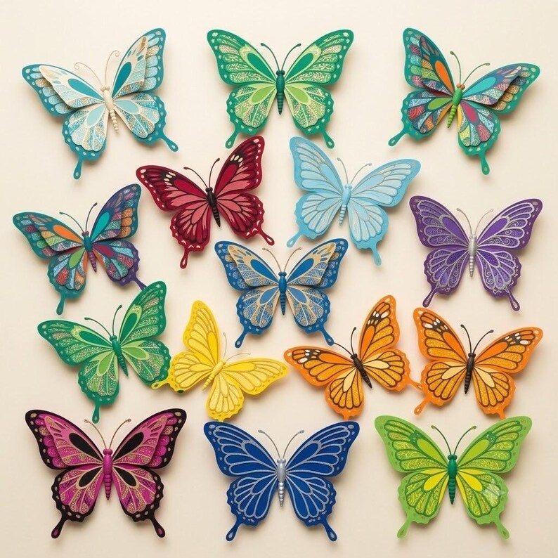 Complete set of 15 printable paper butterfly craft designs arranged in colorful flat lay pattern