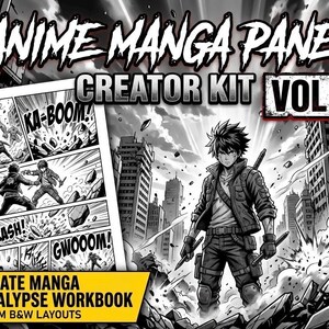 Può includere: Illustrazione in bianco e nero di un kit creatore di pannelli manga anime. L'immagine presenta un pannello manga con scene d'azione, un personaggio con armi e il testo "ANIME MANGA PANEL CREATOR KIT VOL 8". Il quaderno di lavoro è intitolato "ULTIMATE MANGA APOCALYPSE WORKBOOK".